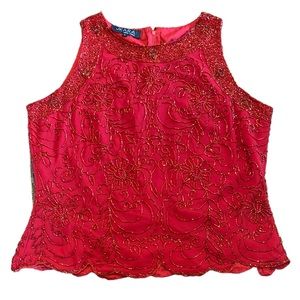 Vintage Jkara Womens deep red beaded evening tank blouse size Large